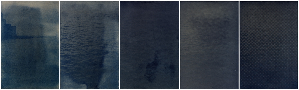Meridian Panels #1-5 Seen horizontally Cyanotype on Cardboard, Looking south on the Thames