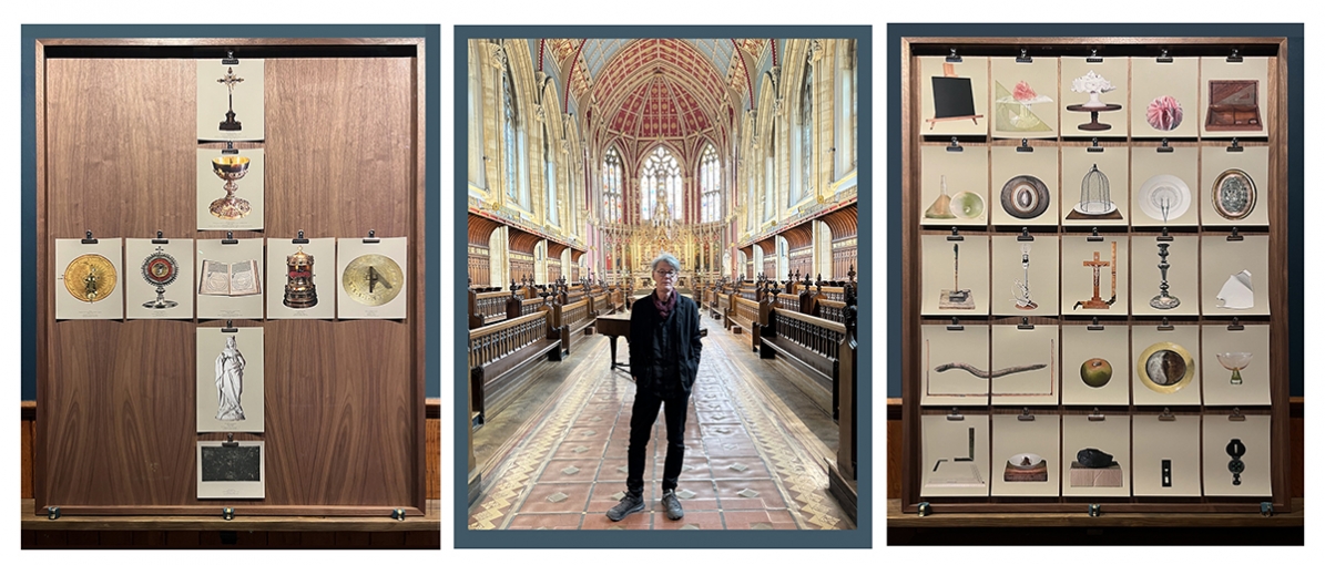 Triptych. Artist HHT stands in St Cuthbert's Chapel. Left panel shows sacred objects in cruciform. Right panel shows found discarded objects